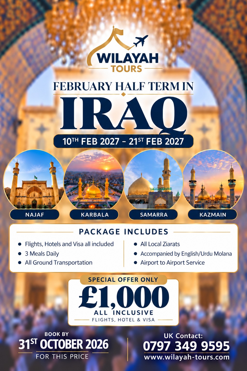 Wilayah Tours February 2027 Iraq Ziarat poster showing £1,000 all inclusive
